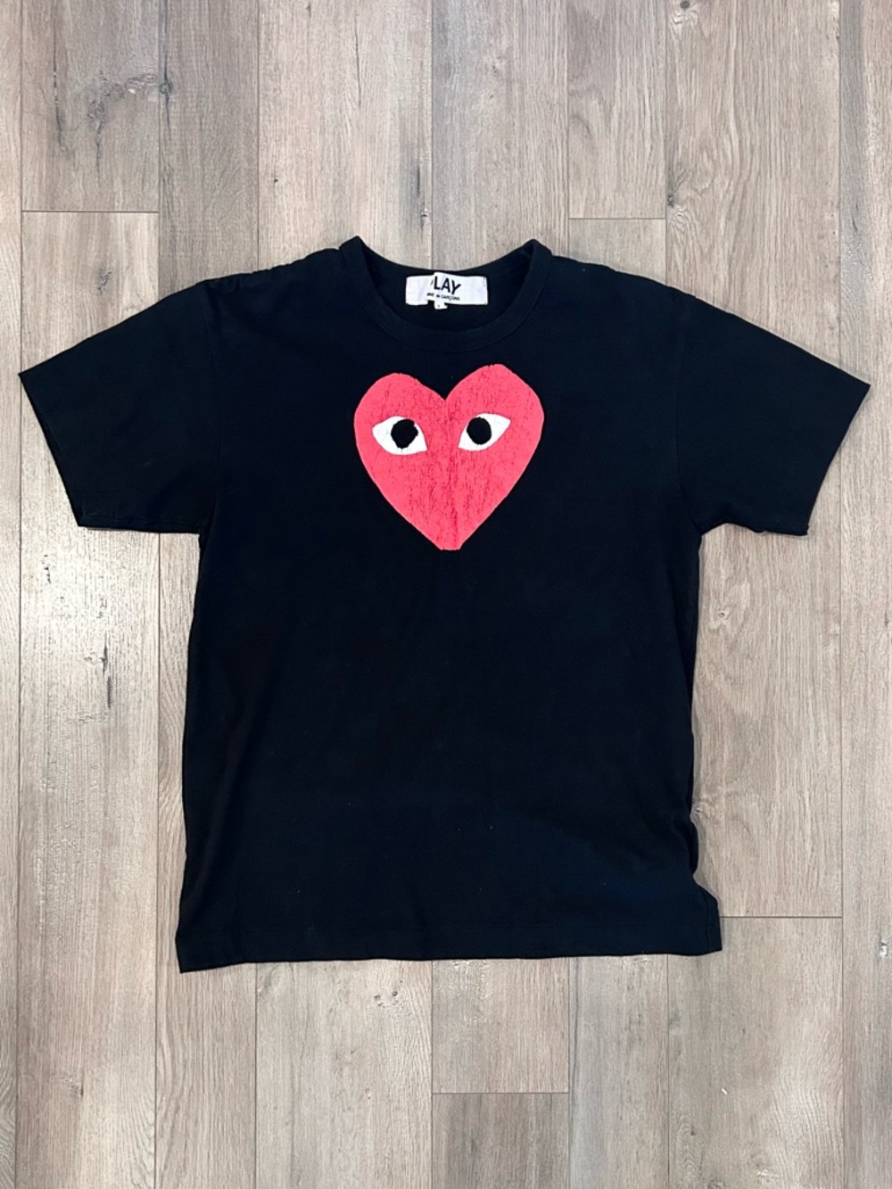Comme des Garçons Women’s Black T-Shirt with Pink Heart Graphic